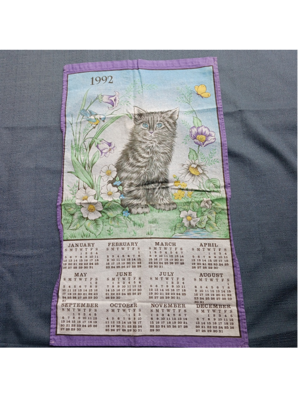 VTG 1992 Kitten Tea Towel Calendar Linen Wall Hanging